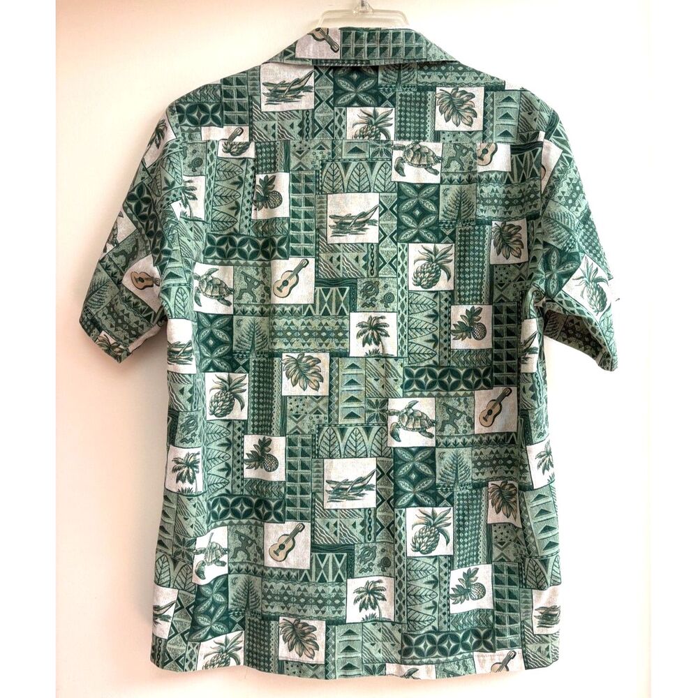 Islands Cotton Hawaiian Shirt Aloha Button Sage Green Patchwork S Vtg Retro Palm - Picture 5 of 7